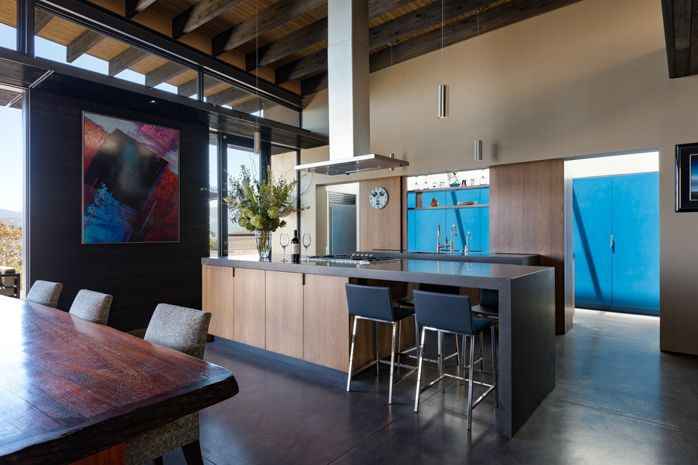 Идея дизайна: параллельная кухня в современном стиле с обеденным столом, плоскими фасадами, фасадами цвета дерева среднего тона, бетонным полом, островом, черным полом и черной столешницей