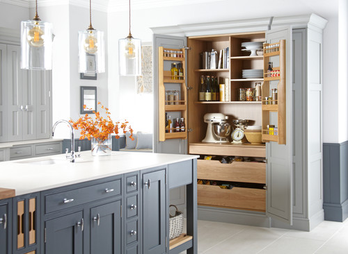 Farmhouse Kitchen Pantry Ideas: Light Gray Shaker Cabinets as Unique Pantry Inspirations