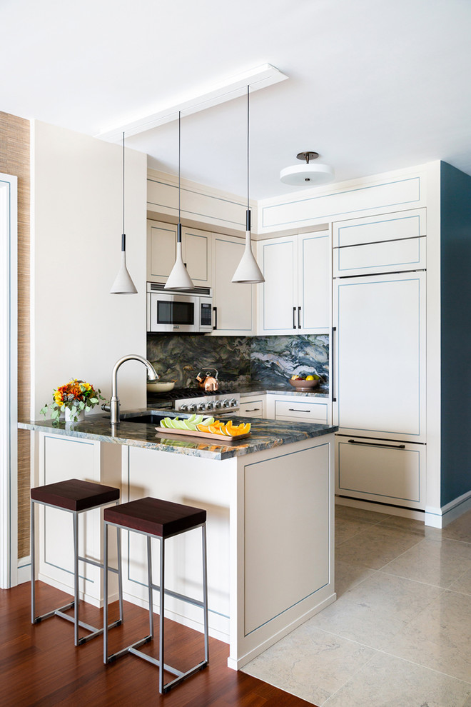 Inspiration for a small classic u-shaped kitchen in New York with a submerged sink, quartz worktops, multi-coloured splashback, stone slab splashback, integrated appliances, limestone flooring, beige floors, multicoloured worktops, recessed-panel cabinets, beige cabinets and a breakfast bar.