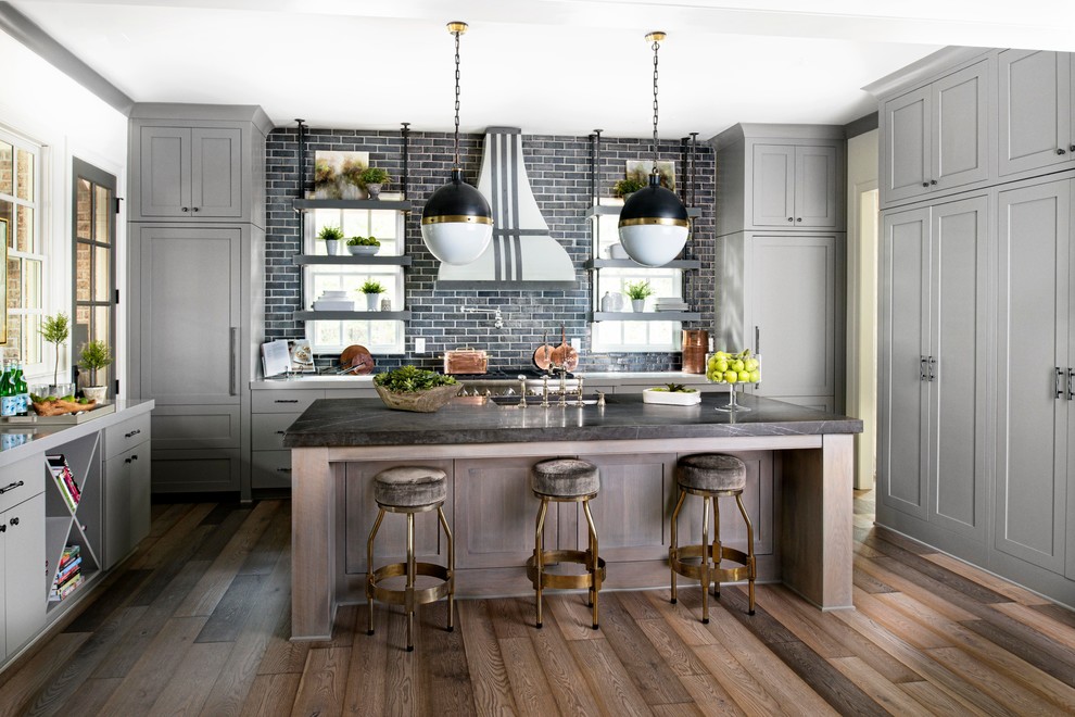 Pietra Grey Honed Marble island Transitional Kitchen Atlanta by