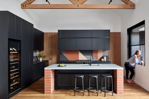 Multicolored Geometric Backsplash Inspirations with Brick Island and Concrete Countertop