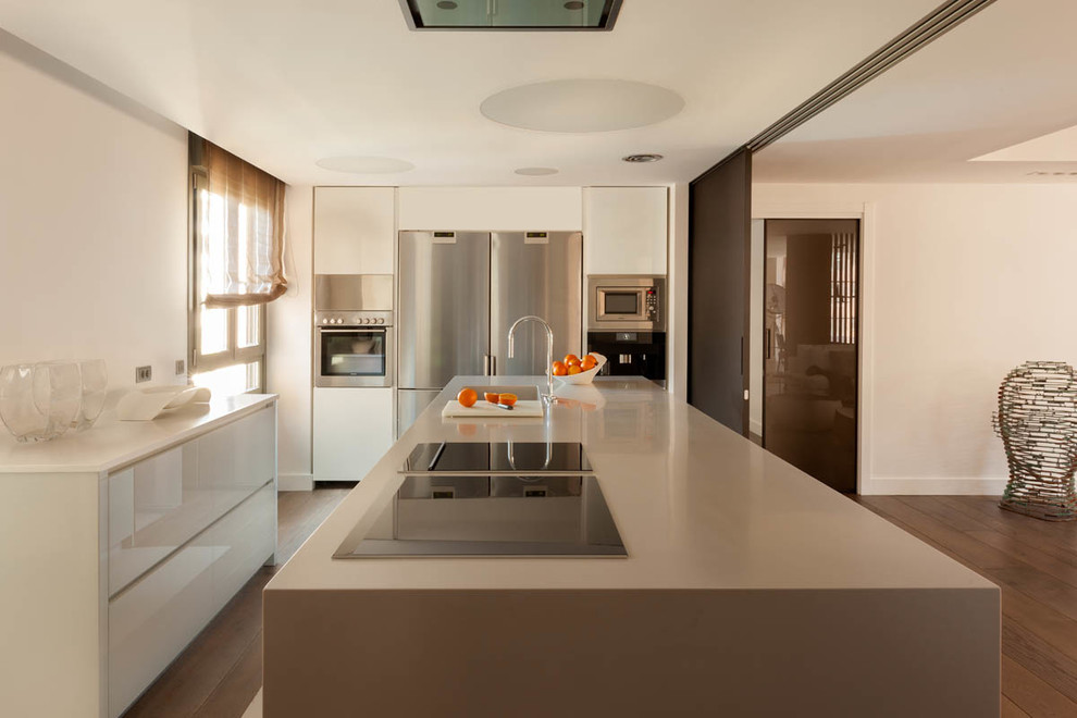 Foto di una cucina minimal di medie dimensioni con lavello a vasca singola, ante lisce, ante bianche, elettrodomestici in acciaio inossidabile e pavimento in legno massello medio