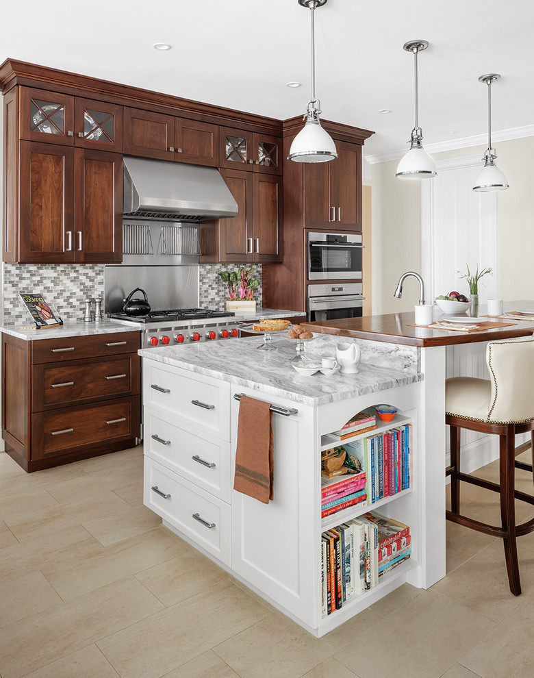 Kitchen - mid-sized transitional kitchen idea in New York with a single-bowl sink, shaker cabinets, dark wood cabinets, tile countertops, gray backsplash, stainless steel appliances and an island
