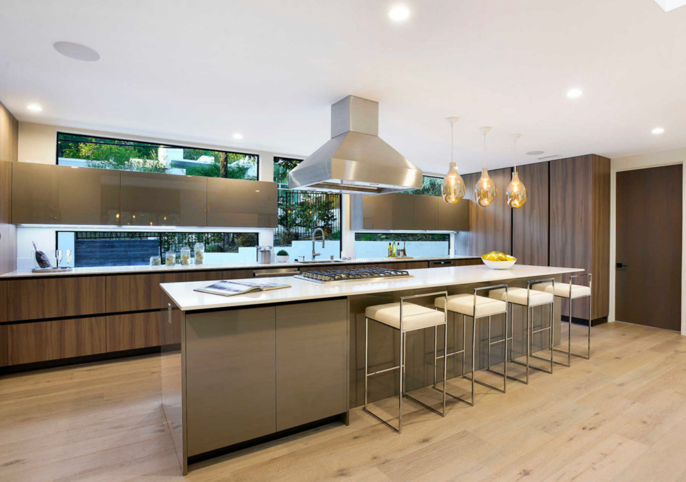 Ejemplo de cocina lineal actual con armarios con paneles lisos, electrodomésticos de acero inoxidable y una isla