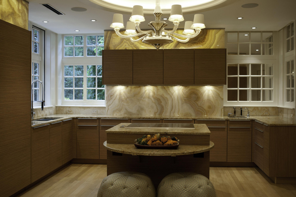Trendy kitchen photo in Other with a double-bowl sink, flat-panel cabinets, medium tone wood cabinets, beige backsplash and marble backsplash