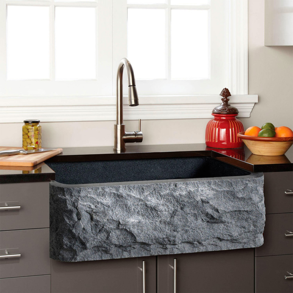 Polished Granite Farmhouse Sink Chiseled Front Contemporary