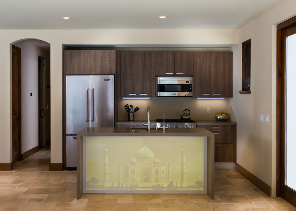Example of a small minimalist single-wall travertine floor eat-in kitchen design in Nice with a single-bowl sink, flat-panel cabinets, medium tone wood cabinets, quartz countertops, beige backsplash, stainless steel appliances and an island