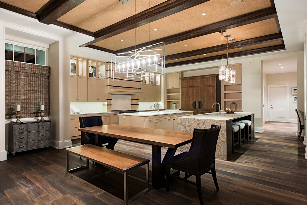 Huge zen medium tone wood floor eat-in kitchen photo in Miami with an undermount sink, flat-panel cabinets, light wood cabinets, paneled appliances and two islands
