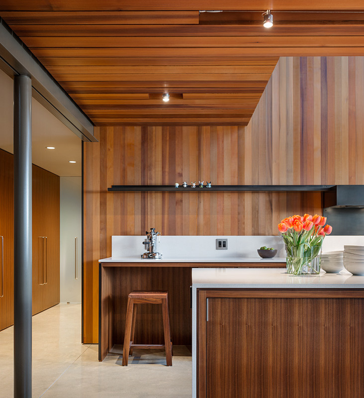 На фото: параллельная кухня-гостиная в стиле модернизм с врезной мойкой, плоскими фасадами, фасадами цвета дерева среднего тона, столешницей из кварцевого агломерата, белым фартуком, бетонным полом и островом