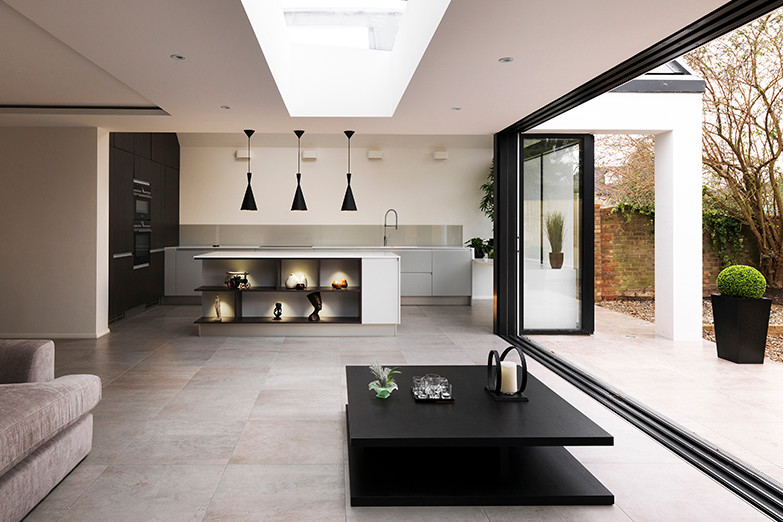 Large contemporary open plan kitchen in London.