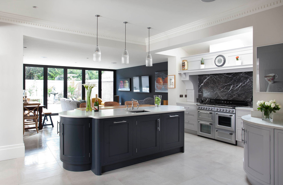 This is an example of a large eclectic kitchen in Other with white floors.