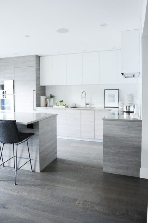 Inspiration for a large modern l-shaped dark wood floor and brown floor eat-in kitchen remodel in Other with an undermount sink, flat-panel cabinets, gray cabinets, stainless steel appliances and an island