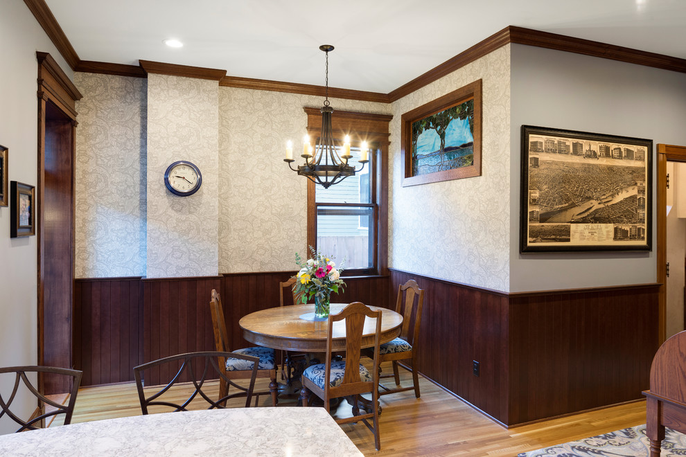 Inspiration for a large craftsman light wood floor and yellow floor kitchen/dining room combo remodel in Minneapolis