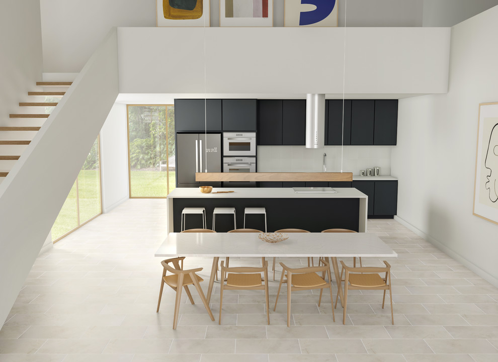 Идея дизайна: кухня в стиле модернизм с обеденным столом, столешницей из плитки, белым фартуком, фартуком из керамической плитки, полом из керамической плитки, островом, белым полом и белой столешницей