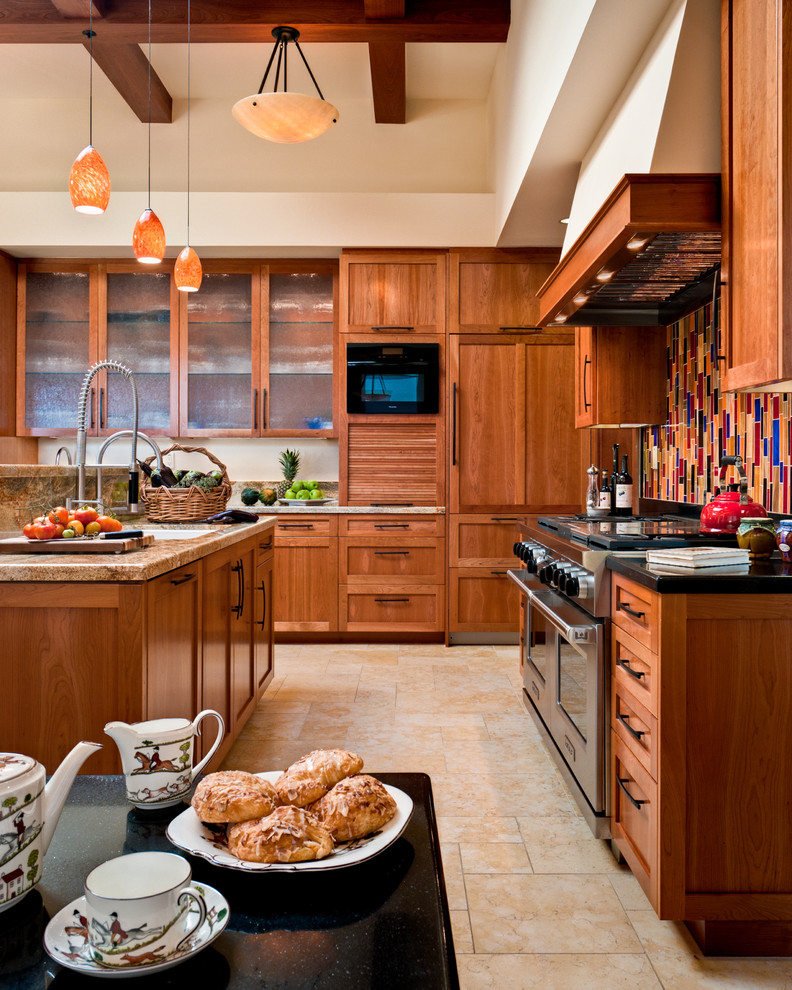 Inspiration for a large contemporary u-shaped ceramic tile open concept kitchen remodel in San Francisco with granite countertops, paneled appliances, medium tone wood cabinets, multicolored backsplash, an undermount sink, shaker cabinets, mosaic tile backsplash and two islands