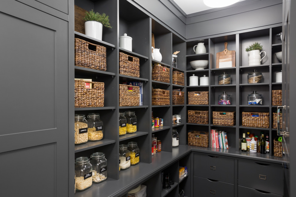 Kitchen pantry - transitional u-shaped kitchen pantry idea in Vancouver with open cabinets, gray cabinets and no island