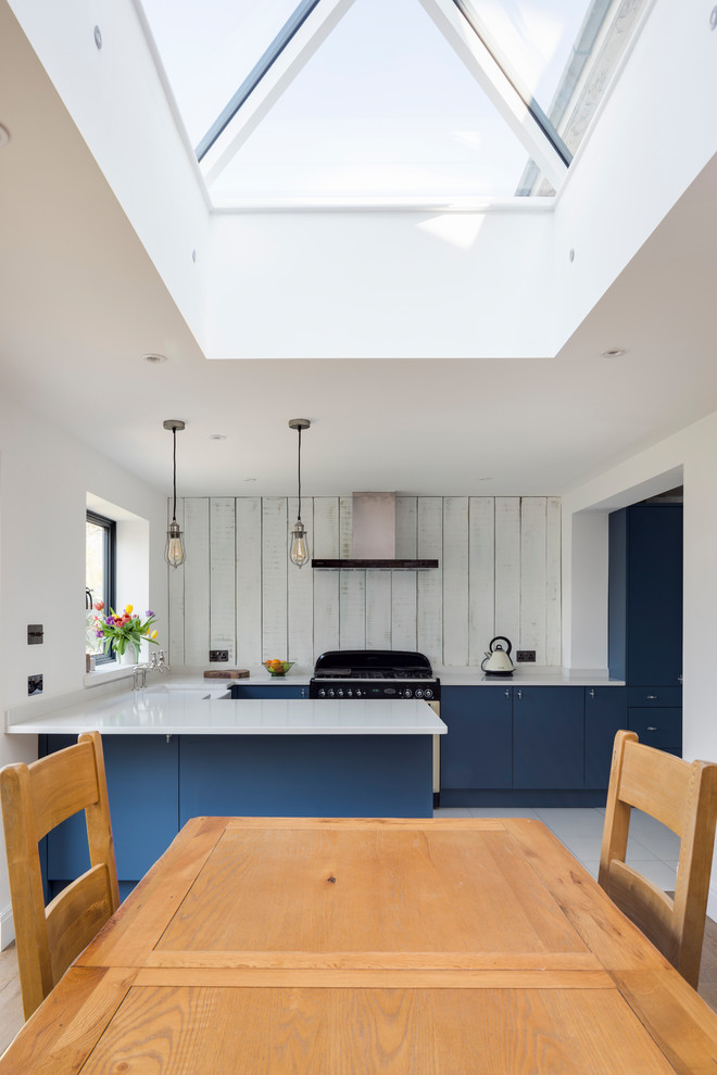 Inspiration for a contemporary u-shaped white floor eat-in kitchen remodel in London with a farmhouse sink, flat-panel cabinets, blue cabinets, white backsplash, wood backsplash, stainless steel appliances and a peninsula