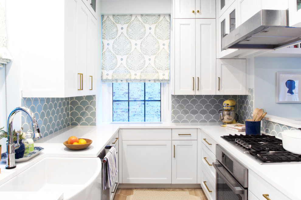 Example of an eclectic kitchen design in San Francisco with blue backsplash and ceramic backsplash