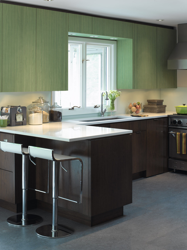 Immagine di una cucina minimalista con elettrodomestici in acciaio inossidabile, lavello sottopiano, ante lisce, ante verdi e top in quarzo composito