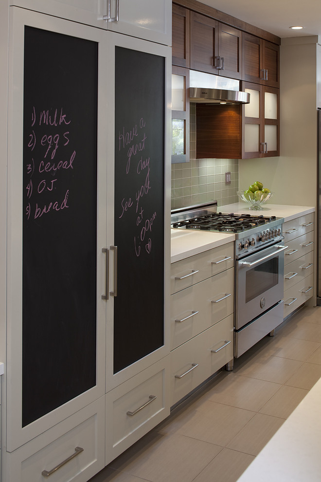 Trendy kitchen photo in San Francisco with flat-panel cabinets, white cabinets and paneled appliances