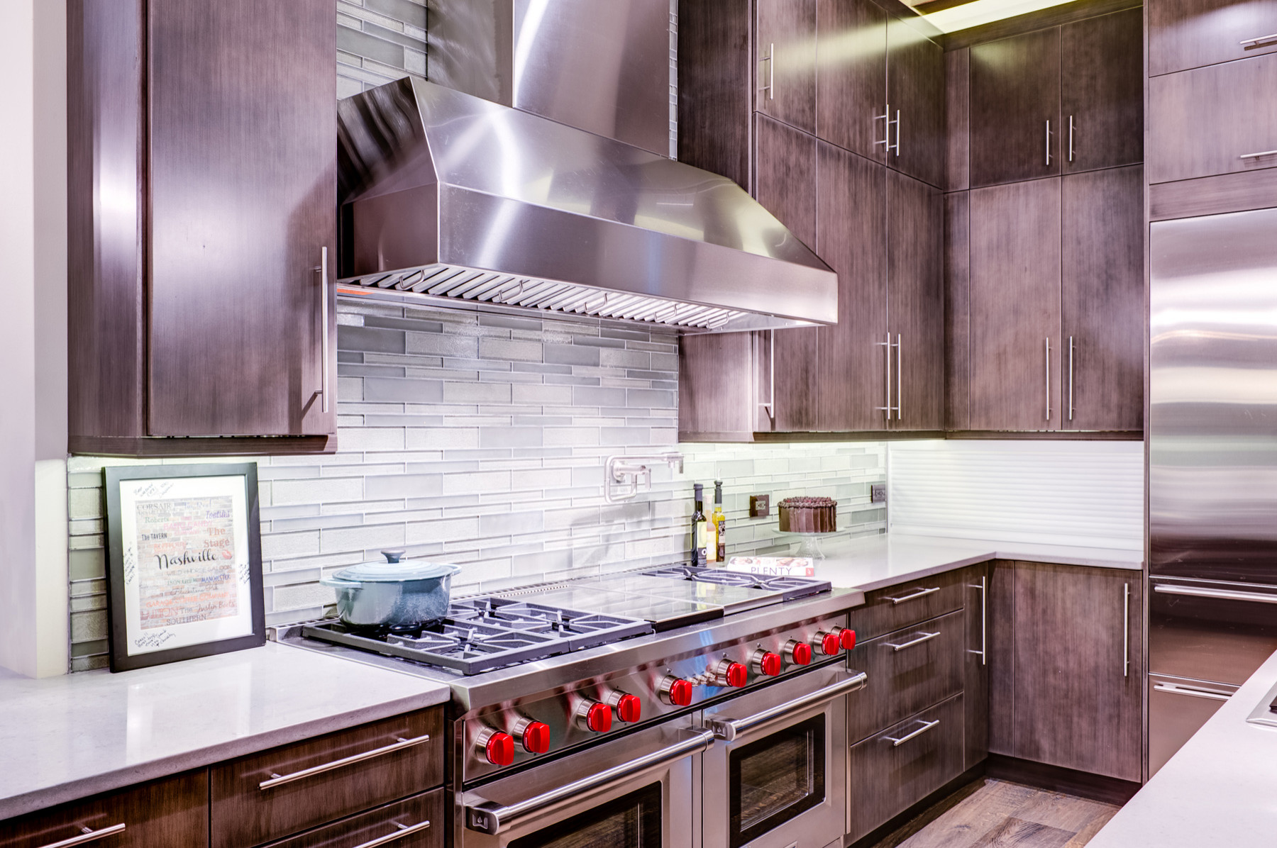 75 Purple Kitchen with Glass Tile Backsplash Ideas You'll Love