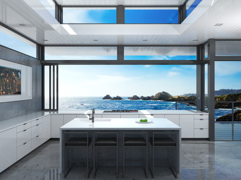 Photo of a medium sized modern l-shaped open plan kitchen in San Diego with a belfast sink, flat-panel cabinets, white cabinets, grey splashback, stainless steel appliances, concrete flooring and an island.