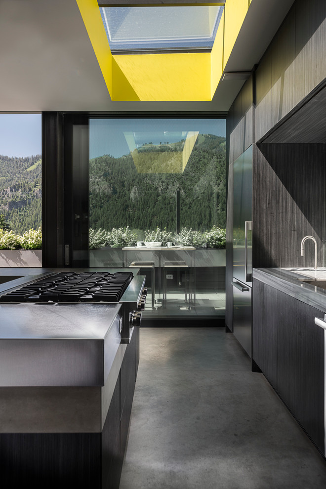 Ejemplo de cocina contemporánea con armarios con paneles lisos, puertas de armario grises, electrodomésticos de acero inoxidable, suelo de cemento y una isla