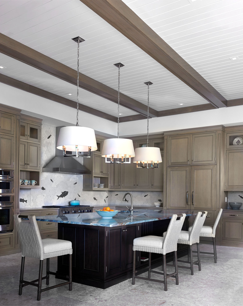 Inspiration for a world-inspired l-shaped kitchen in Miami with shaker cabinets, medium wood cabinets, multi-coloured splashback, integrated appliances, an island and blue worktops.