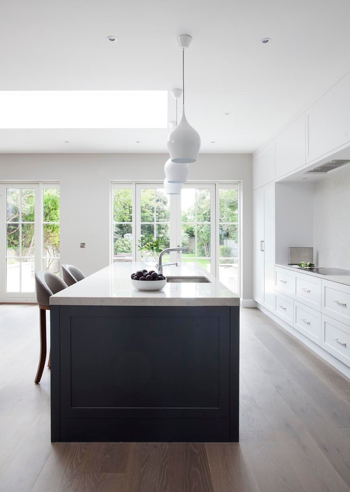 Einzeilige, Mittelgroße Moderne Wohnküche mit Schrankfronten im Shaker-Stil, Quarzit-Arbeitsplatte, schwarzen Elektrogeräten, braunem Holzboden und Kücheninsel in Dublin
