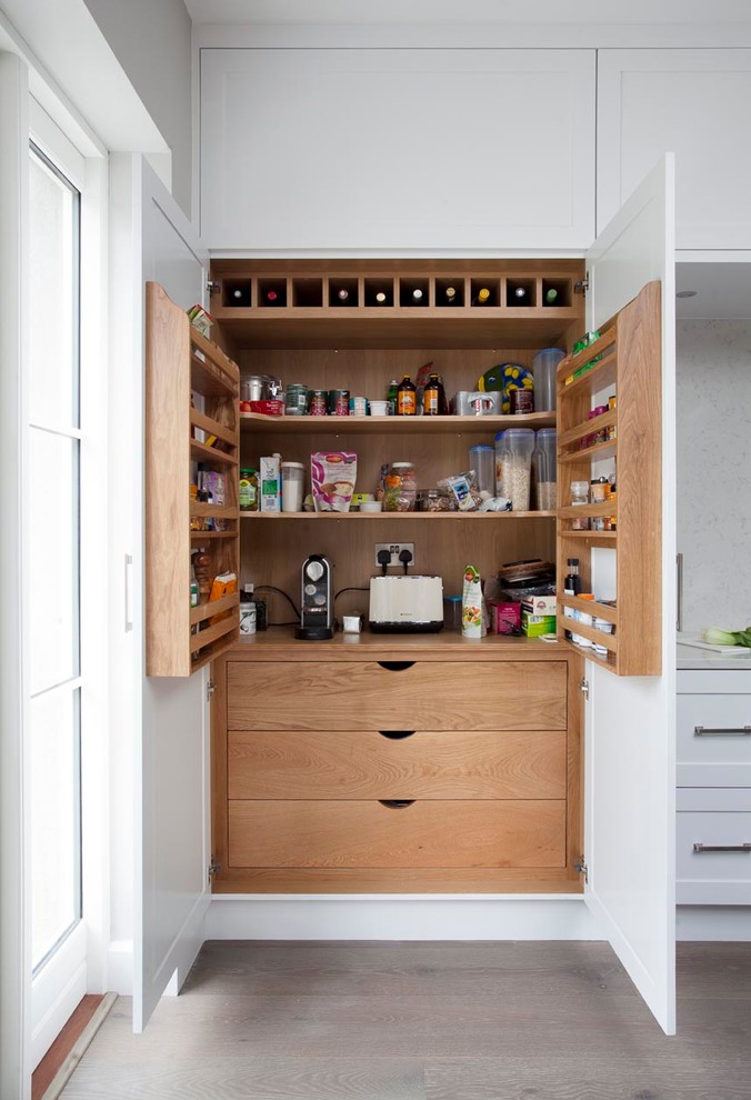 Example of a transitional kitchen pantry design in Dublin