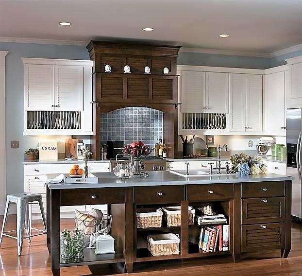 Kitchen - mid-sized transitional l-shaped medium tone wood floor kitchen idea in Other with a double-bowl sink, louvered cabinets, white cabinets, blue backsplash, ceramic backsplash, stainless steel appliances and an island