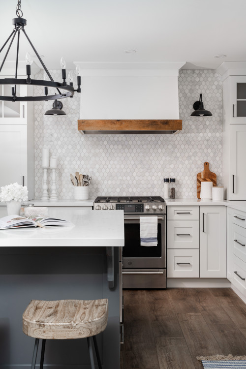White Cabinets with Wood Backsplash and Countertop