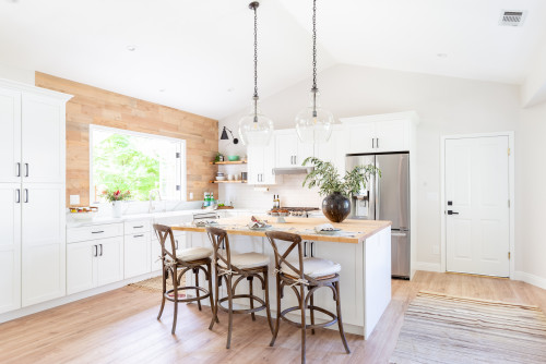 Transitional Farmhouse White Kitchen Cabinets with White Cabinets and Wooden Countertop