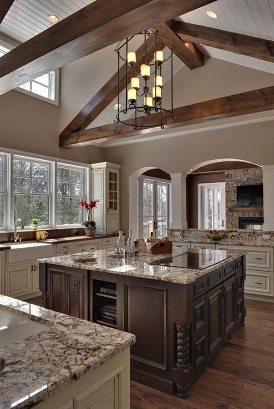 Kitchen - large cottage u-shaped dark wood floor and brown floor kitchen idea in DC Metro with a farmhouse sink, recessed-panel cabinets, beige cabinets, an island and gray countertops