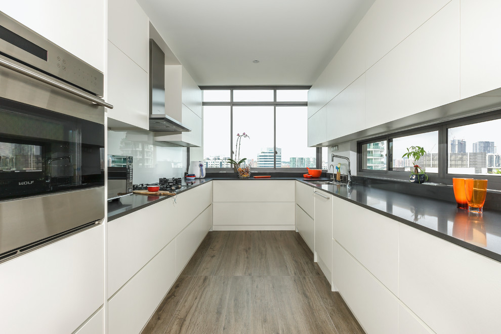 Eat-in kitchen - contemporary galley eat-in kitchen idea in Singapore with an undermount sink, flat-panel cabinets, white cabinets, stainless steel appliances and no island