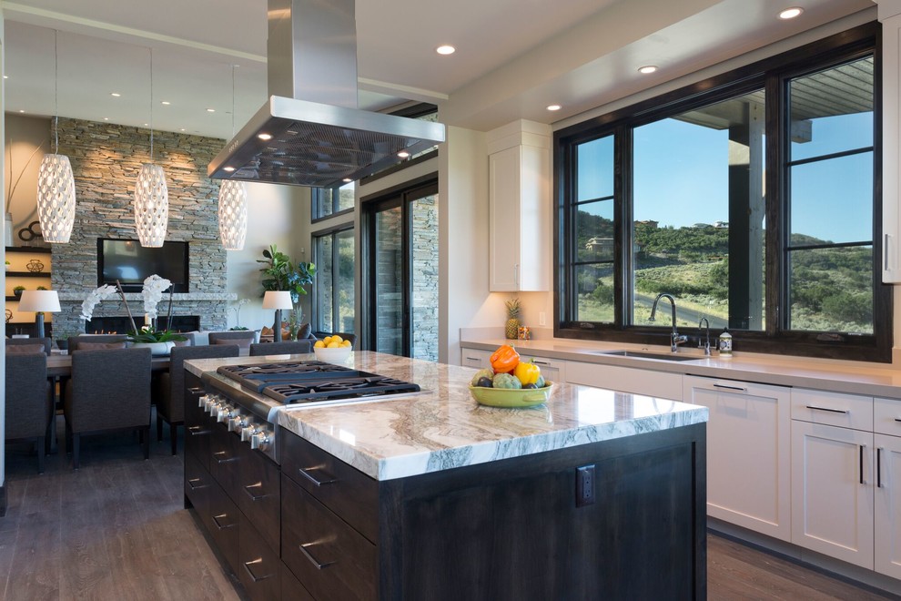 Immagine di una cucina moderna di medie dimensioni con lavello sottopiano, ante in stile shaker, ante bianche, top in granito, elettrodomestici in acciaio inossidabile, parquet scuro e pavimento marrone