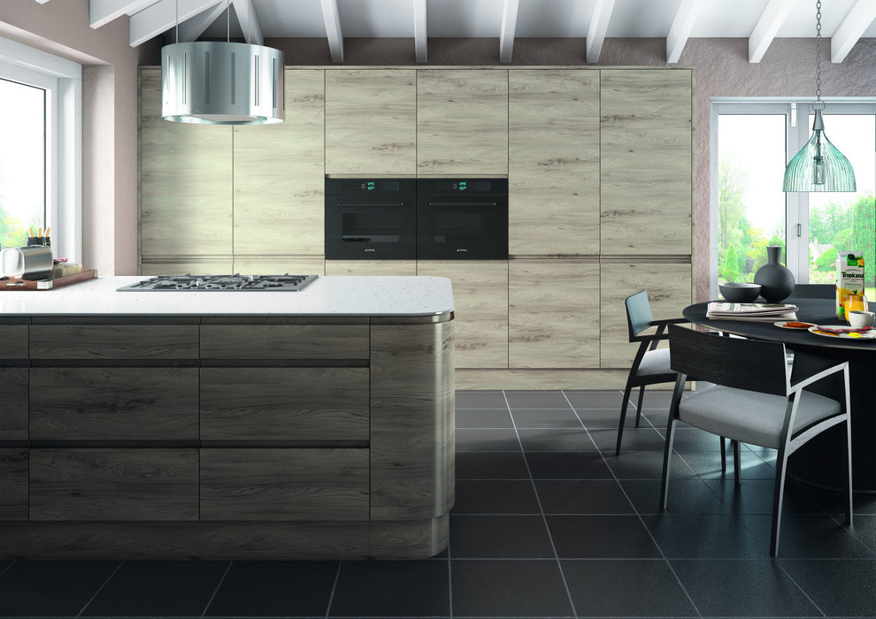 Mid-sized danish single-wall ceramic tile eat-in kitchen photo in Other with solid surface countertops, black appliances and an island