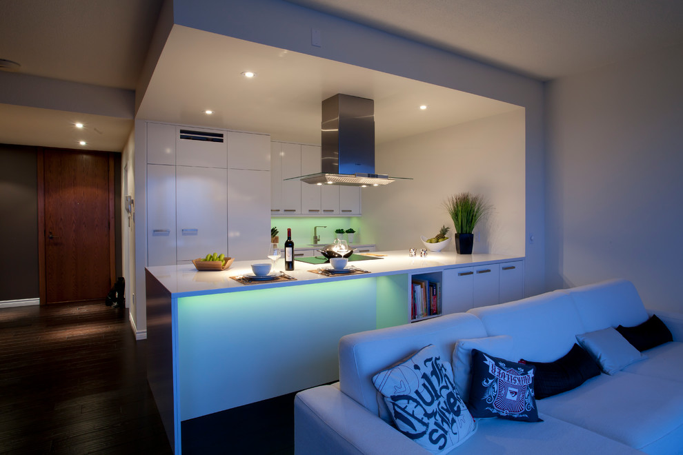 Foto di una cucina minimal di medie dimensioni con lavello sottopiano, ante lisce, ante bianche, paraspruzzi bianco, elettrodomestici da incasso e penisola