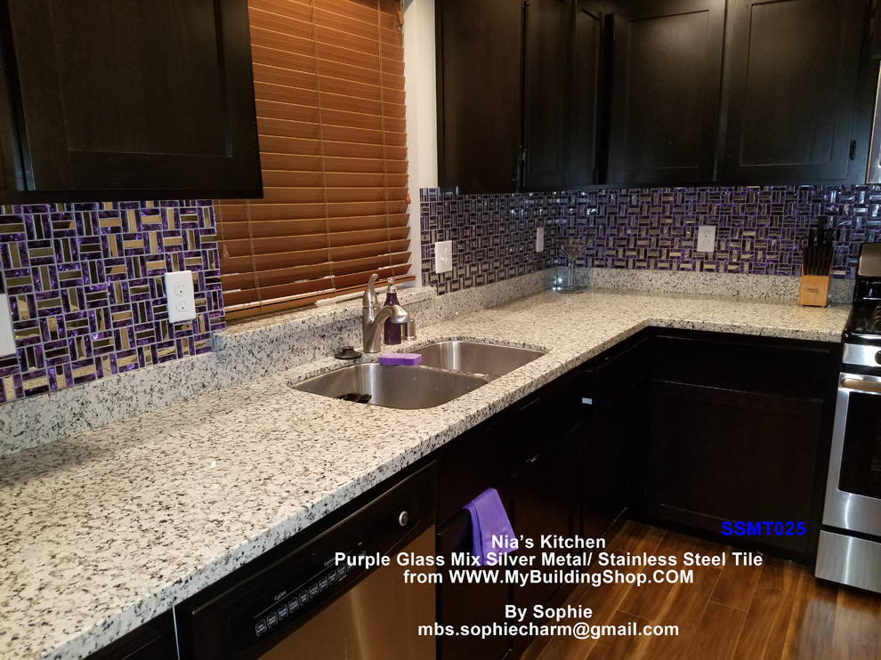 Mid-sized minimalist galley brick floor eat-in kitchen photo in Other with a double-bowl sink, flat-panel cabinets, dark wood cabinets, granite countertops, multicolored backsplash, glass tile backsplash, colored appliances and an island