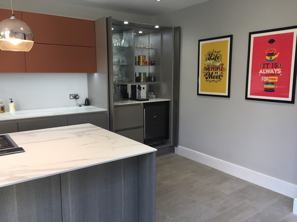 Medium sized contemporary galley kitchen/diner in London with flat-panel cabinets, grey cabinets and stainless steel appliances.
