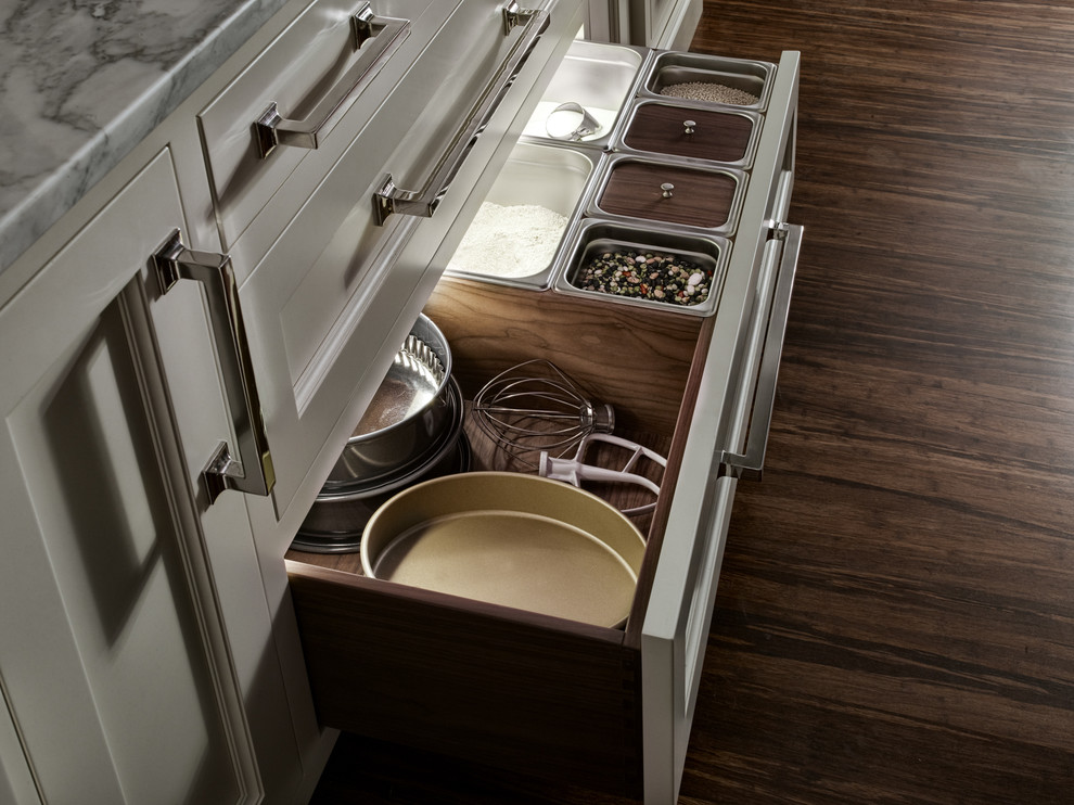 Transitional kitchen photo in Boston with recessed-panel cabinets