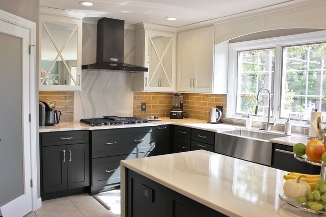 Quad Cities Kitchen With Gray Base Cabinets And Waterfall Counters Transitional Kitchen Other By Village Home Stores