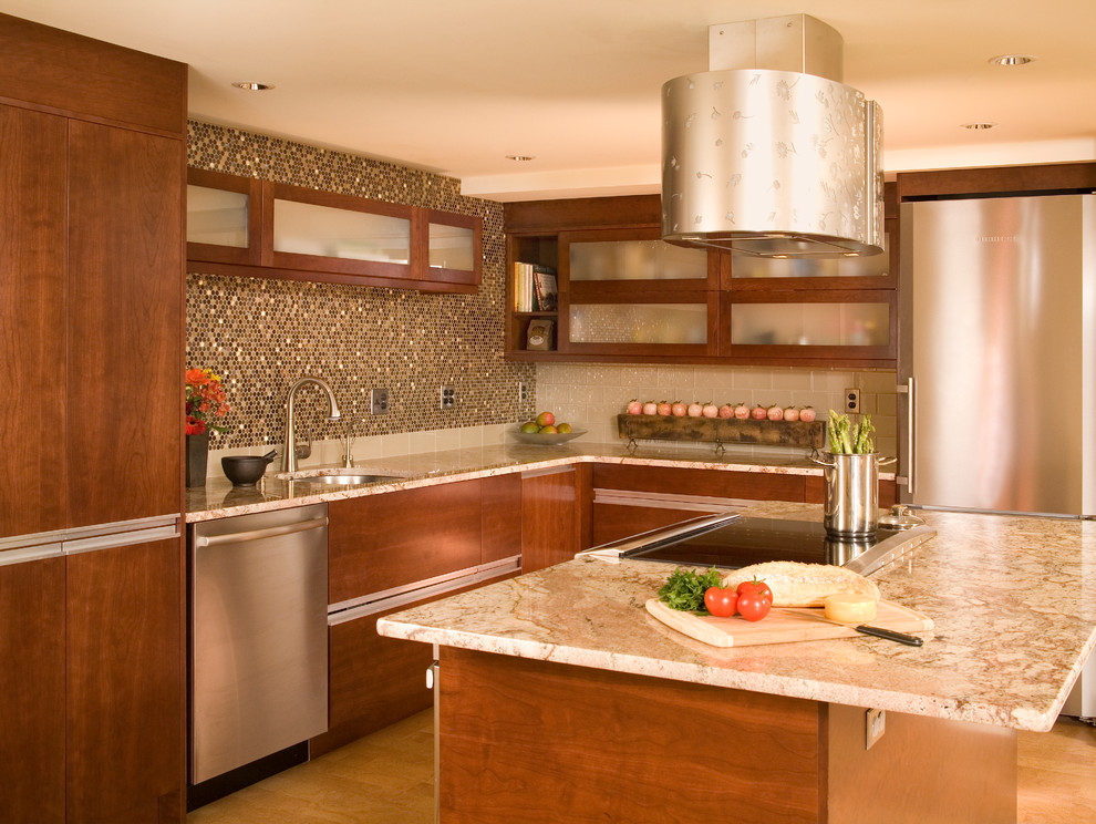 Cette photo montre une cuisine moderne avec un électroménager en acier inoxydable.