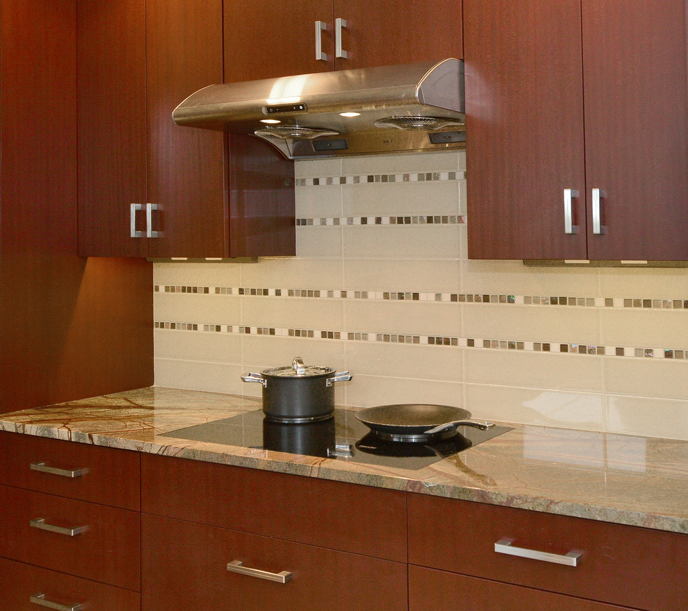 Example of a mid-sized 1950s l-shaped porcelain tile and beige floor enclosed kitchen design in Seattle with a double-bowl sink, flat-panel cabinets, dark wood cabinets, marble countertops, beige backsplash, ceramic backsplash, stainless steel appliances, no island and green countertops
