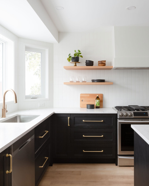 Create Bold Contrast with Minimalist Kitchen Ideas: Black Shaker Cabinets and Chic Wooden Floating Shelves