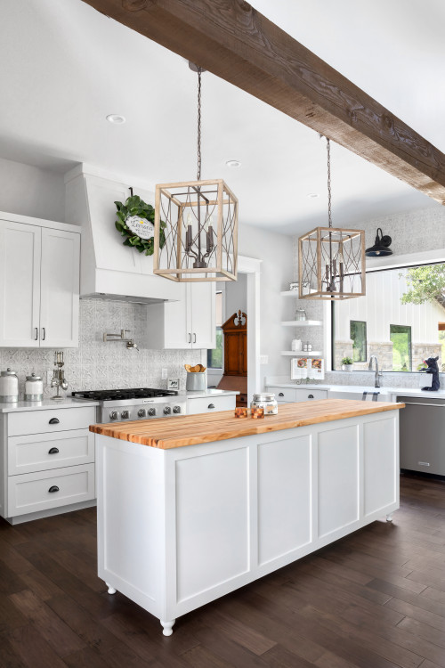 Modern Country Farmhouse White Cabinets with White Backsplash and Wooden Countertop