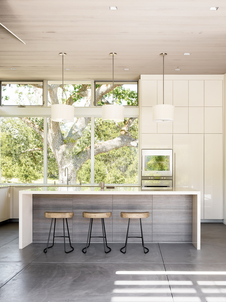 Источник вдохновения для домашнего уюта: кухня в современном стиле с плоскими фасадами, белыми фасадами, бетонным полом, островом и окном
