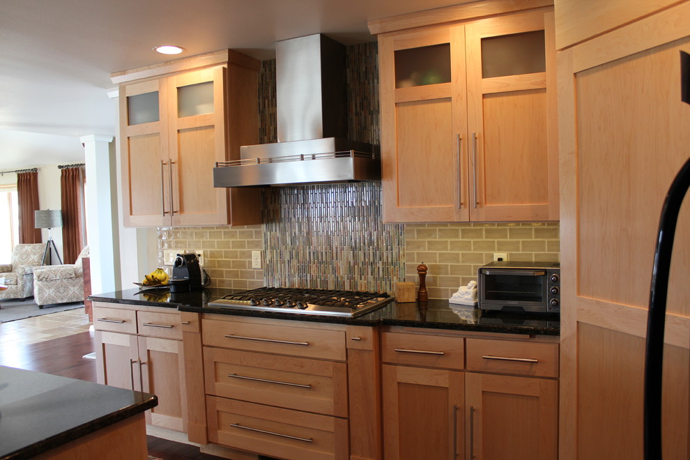 Example of a mid-sized transitional single-wall dark wood floor open concept kitchen design in Other with light wood cabinets, multicolored backsplash, ceramic backsplash, stainless steel appliances and an island