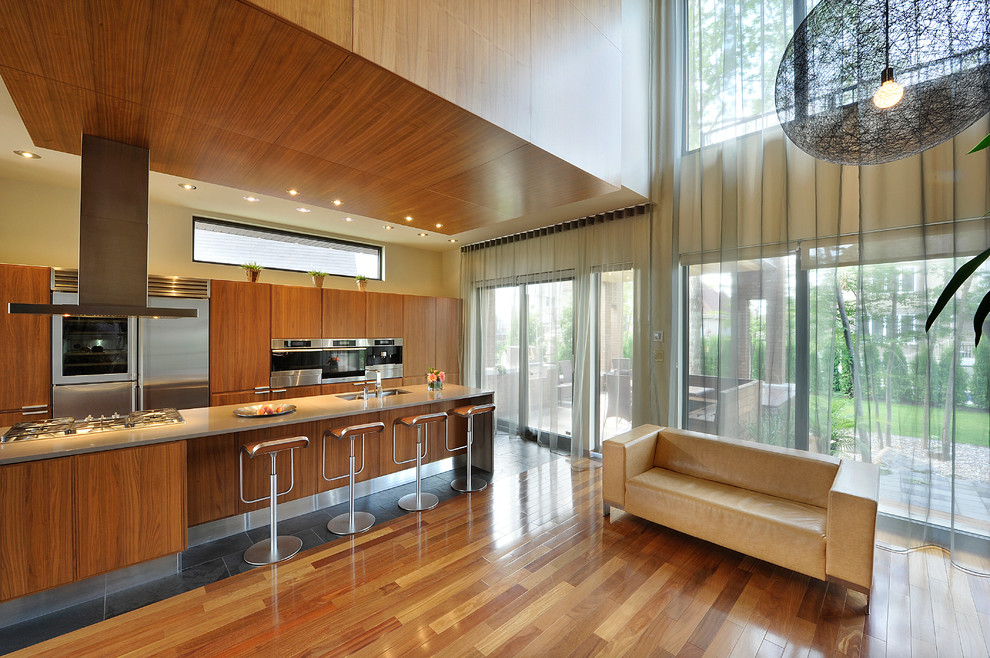 Foto di una cucina parallela minimal con ante lisce, ante in legno scuro e elettrodomestici in acciaio inossidabile