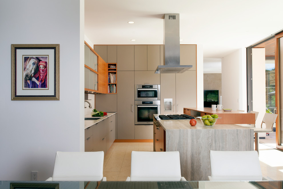 Cette image montre une cuisine design en L avec un placard à porte plane, un électroménager en acier inoxydable et îlot.